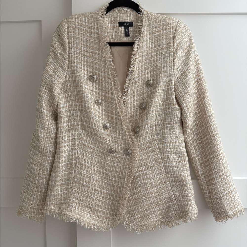 Aqua Beige Tweed Double-Breasted Frayed Blazer